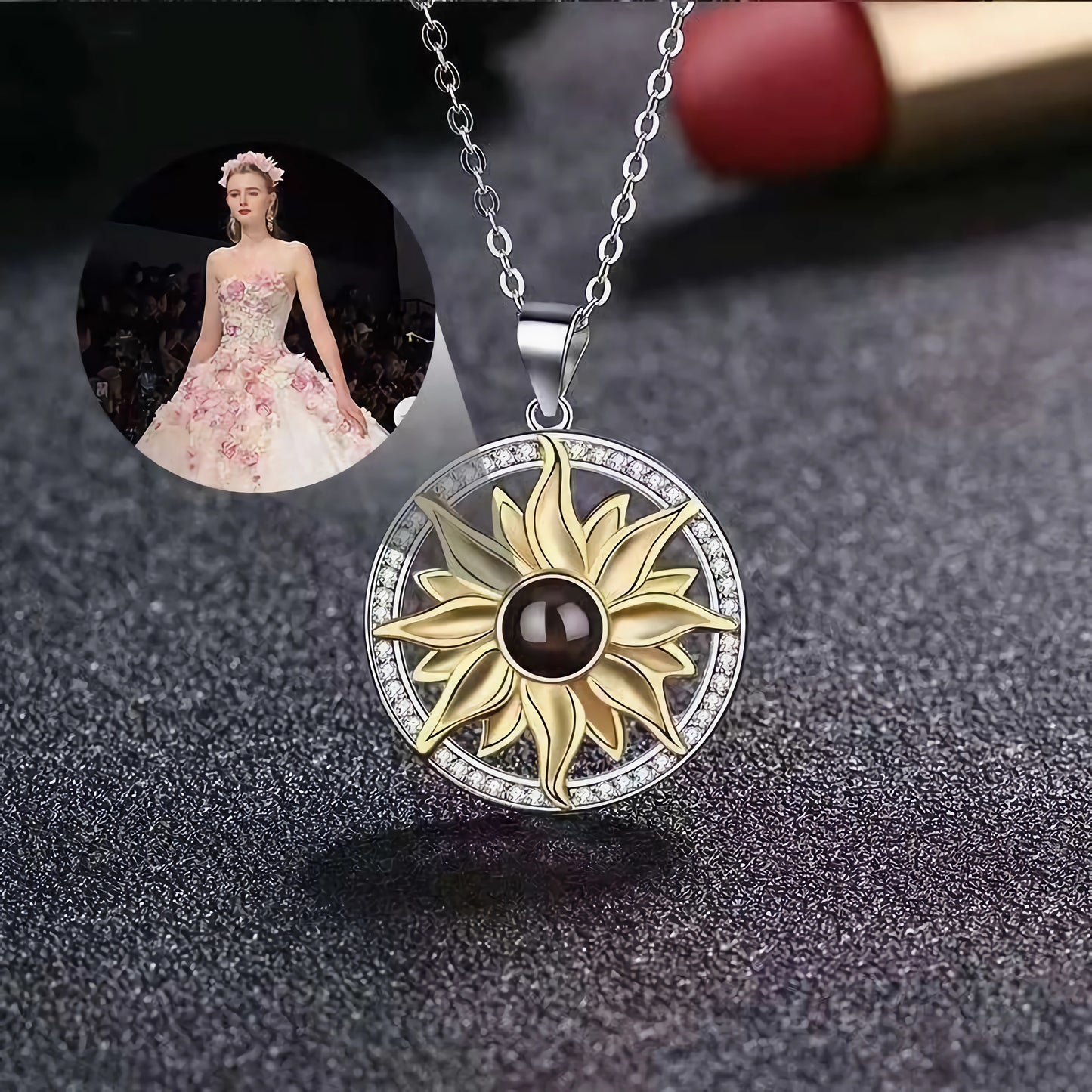 Personalized sunflower photo custom diamond-encrusted silver necklace