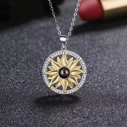 Personalized sunflower photo custom diamond-encrusted silver necklace