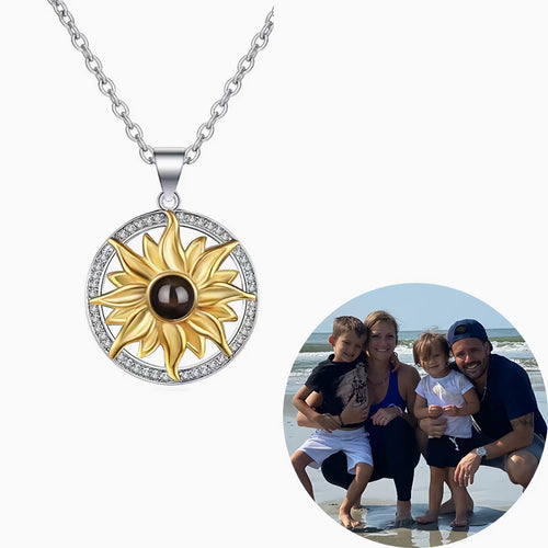 Personalized sunflower photo custom diamond-encrusted silver necklace