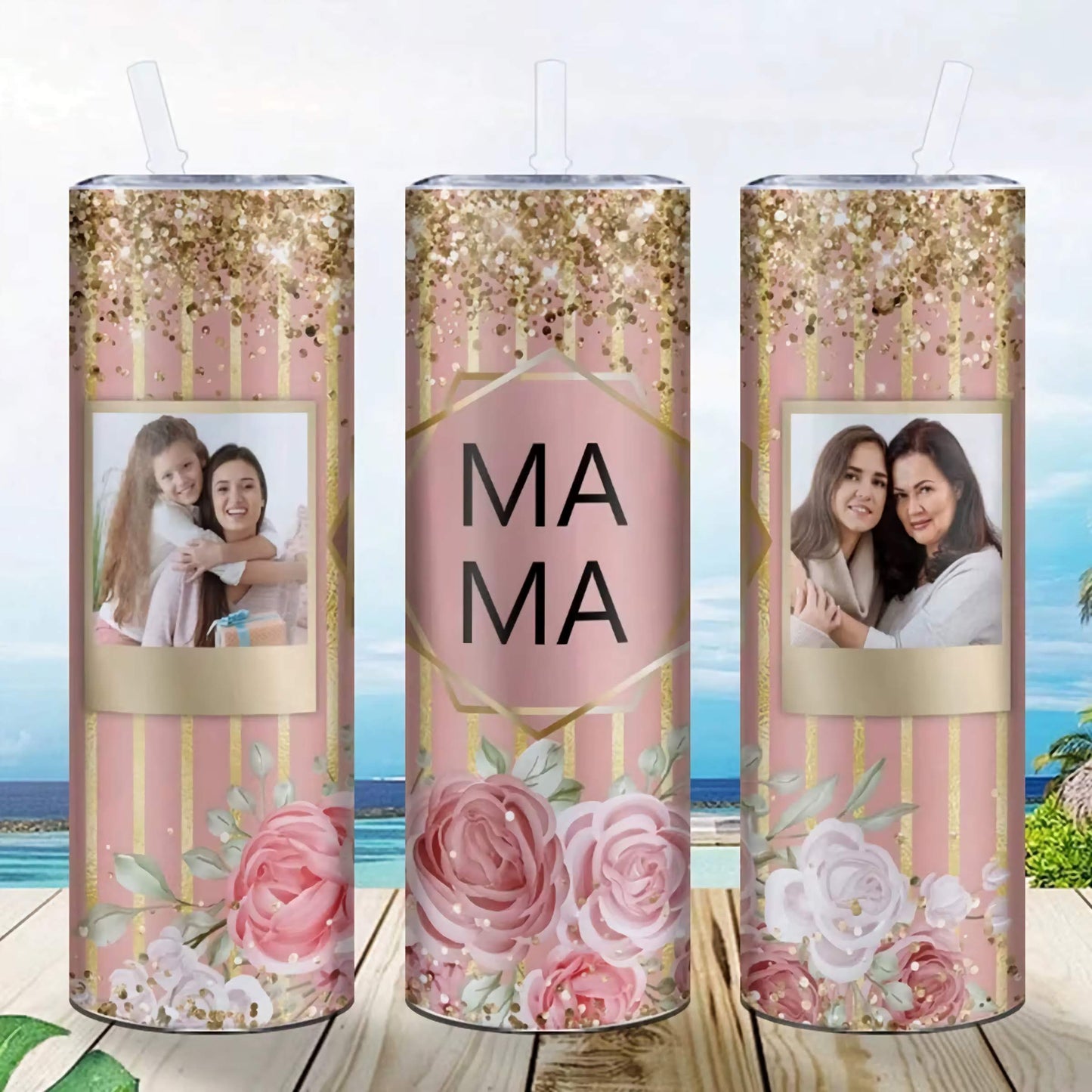 Customed Mom Photo Stainless Steel Insulated Water Cup With Plastic Lid&Straw Mother's Day Gift